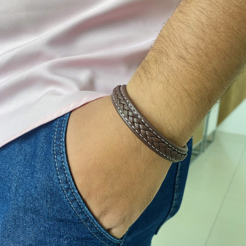 Pulseira Couro Trançado Aço Inox Com Banho Rodio Negro - Image 4