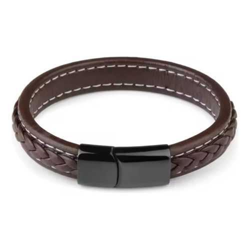 Pulseira Couro Trançado Aço Inox Com Banho Rodio Negro - Image 2