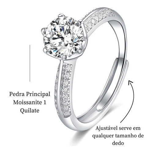 Anel Soltário 1 Quilate Cravejado Prata 925 Moissanite - Image 3