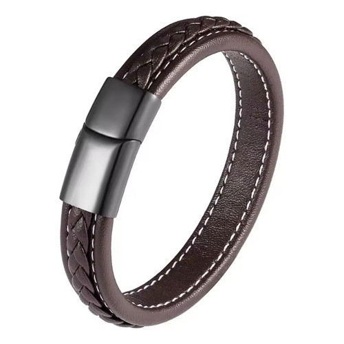 Pulseira Couro Trançado Aço Inox Com Banho Rodio Negro