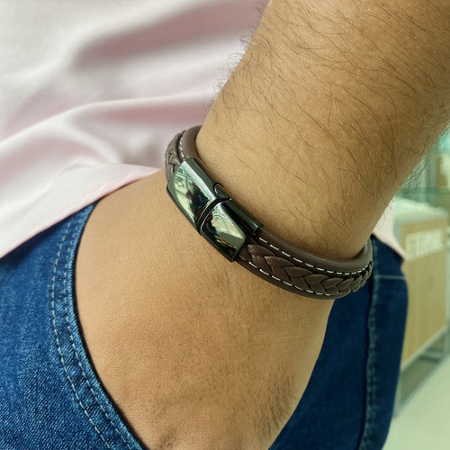 Pulseira Couro Trançado Aço Inox Com Banho Rodio Negro - Image 3